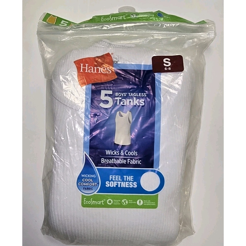 NEW! Hanes Boys Tagless Tanks Small 6-8 White Ribbed ~5 Shirts~
